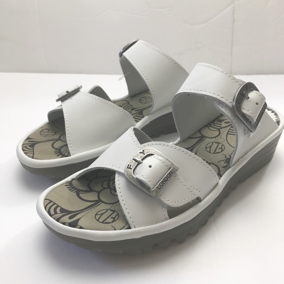Fly London Etan White Leather Slides Wedge Heel Sandals - Picture 13 of 15